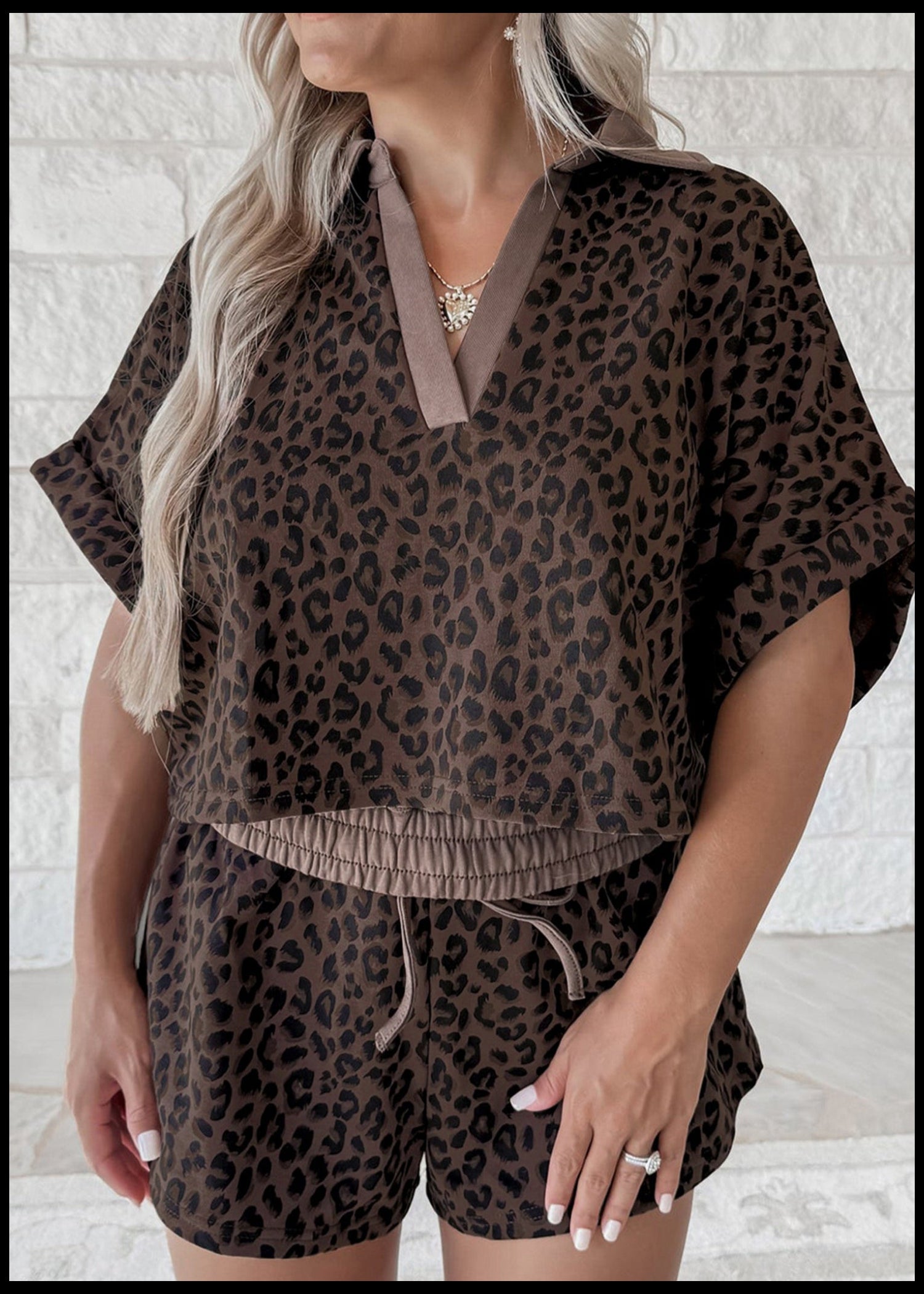 Brown V Neck Collar Leopard Printed 2pcs Short Set