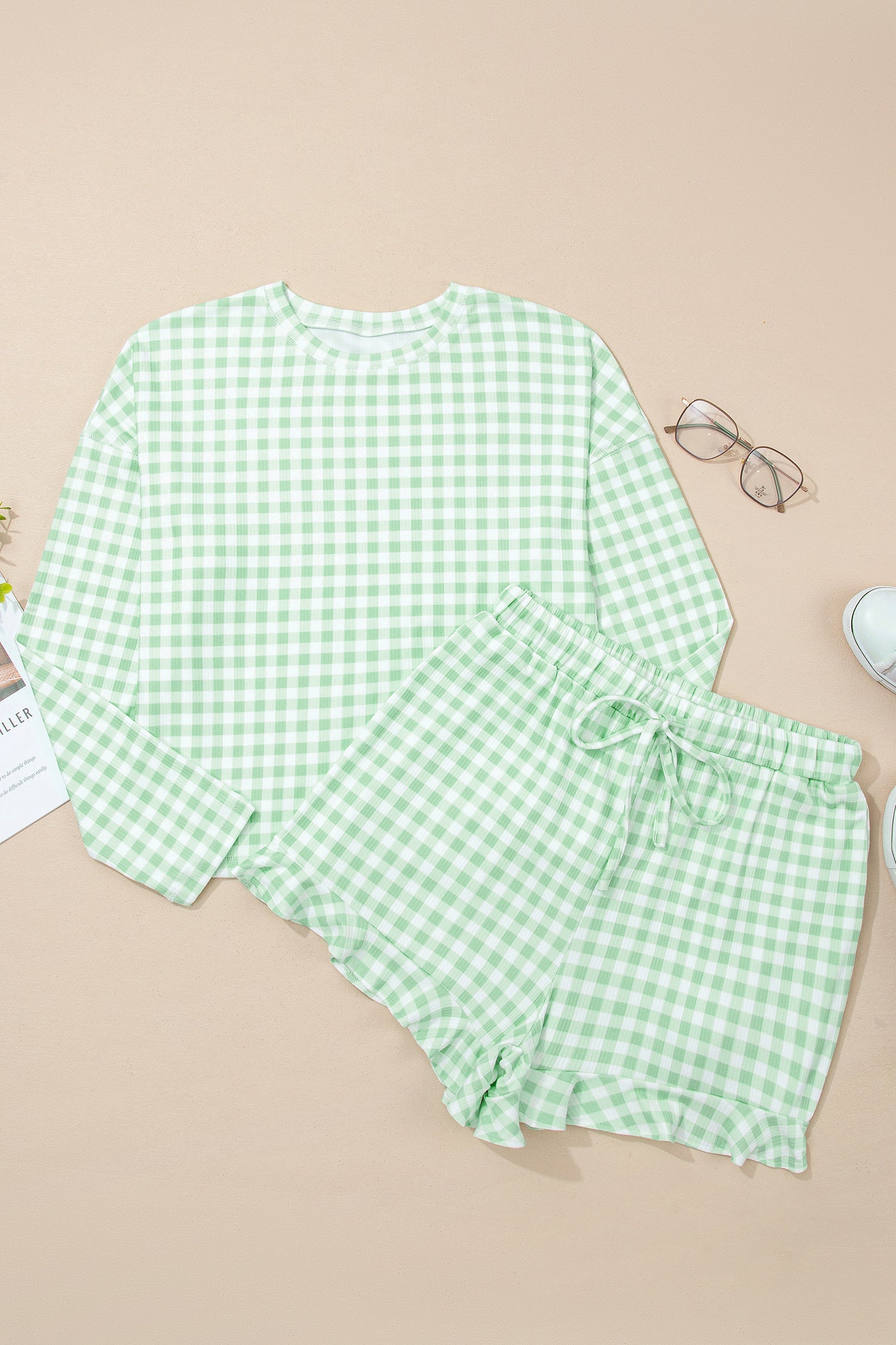 Green Gingham Long Sleeve Loose Top Drawstring Shorts 2pcs Lounge Set